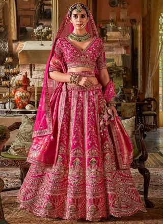 Hot Pink Silk Lehenga Choli with Embroidered, Pearls, Sequins, Thread, Weaving and Zari Work for Ceremonial