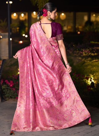 Hot Pink Silk Traditional Saree with Fancy, Stone and Woven Work