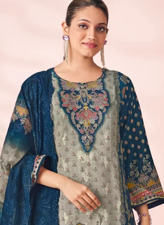 Hypnotic Blue Cotton Lawn Pant Style Suit with Digital Print, Floral Patch, Resham and Thread Work