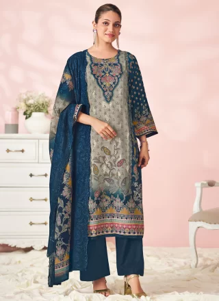 Hypnotic Blue Cotton Lawn Pant Style Suit with Digital Print, Floral Patch, Resham and Thread Work