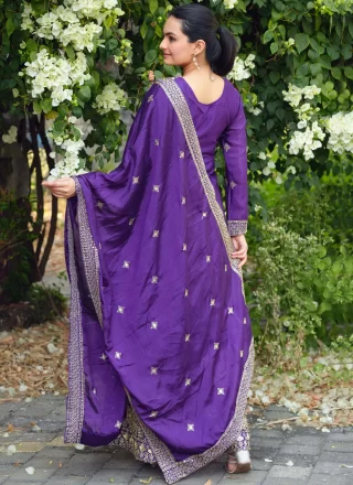 Hypnotic Violet Chinon Palazzo Salwar Suit with Embroidered, Sequins and Zari Work