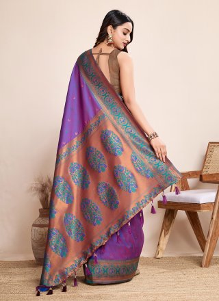Hypnotic Violet Jacquard Silk Contemporary Saree with Woven Work