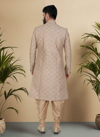 Hypnotizing Beige Silk Indo Western with Embroidered and Thread Work