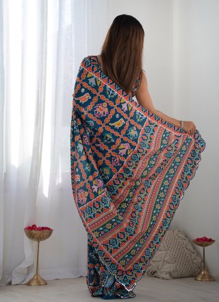 Immaculate Blue Chinon Contemporary Saree with Digital Print and Mirror Work
