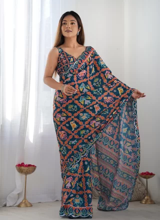 Immaculate Blue Chinon Contemporary Saree with Digital Print and Mirror Work