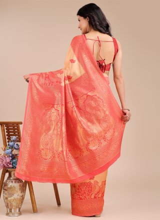 Immaculate Cream and Red Banarasi Silk Trendy Saree with Weaving Work