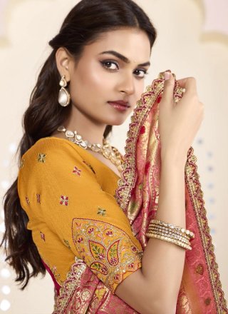 Impeccable Pink and Rani Silk Classic Sari