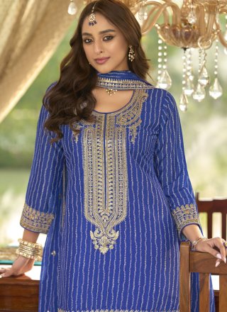 Impressive Blue Chinon Salwar Suit