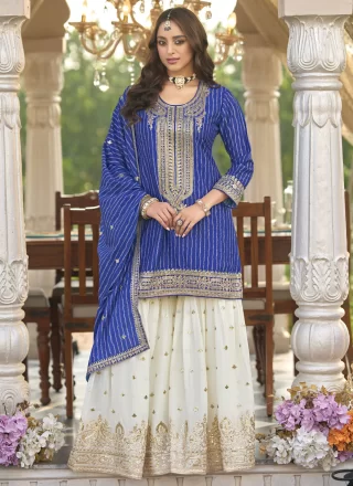 Impressive Blue Chinon Salwar Suit