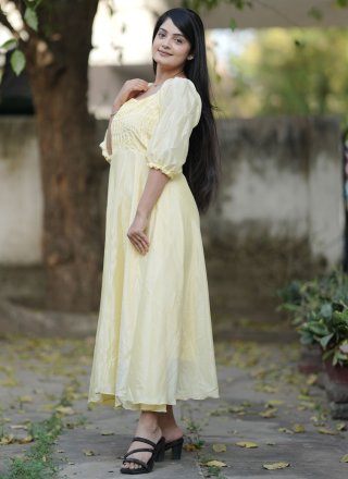 Incredible Cream and Yellow Chinon Casual Kurti