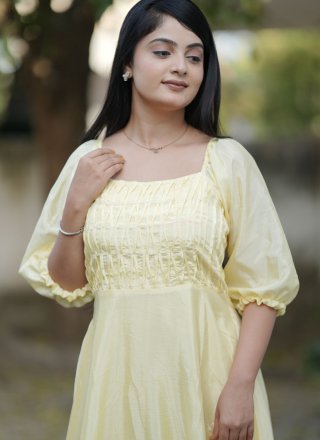 Incredible Cream and Yellow Chinon Casual Kurti