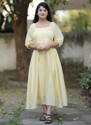 Incredible Cream and Yellow Chinon Casual Kurti