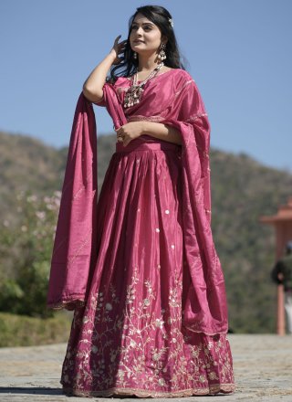 Incredible Magenta and Rani Chinon A - Line Lehenga Choli with Embroidered, Sequins, Thread and Zari Work