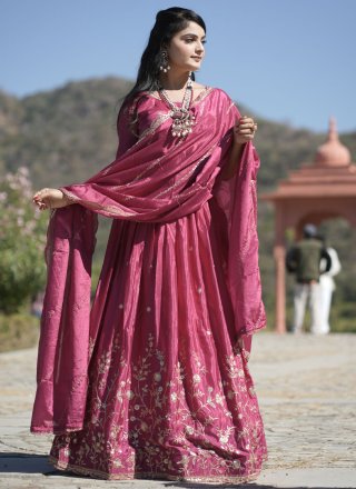 Incredible Magenta and Rani Chinon A - Line Lehenga Choli with Embroidered, Sequins, Thread and Zari Work