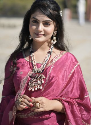 Incredible Magenta and Rani Chinon A - Line Lehenga Choli with Embroidered, Sequins, Thread and Zari Work