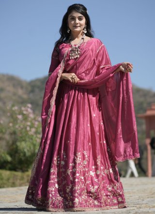 Incredible Magenta and Rani Chinon A - Line Lehenga Choli with Embroidered, Sequins, Thread and Zari Work