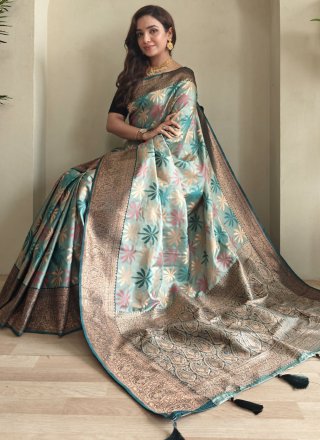 Intricate Aqua Blue Silk Classic Saree