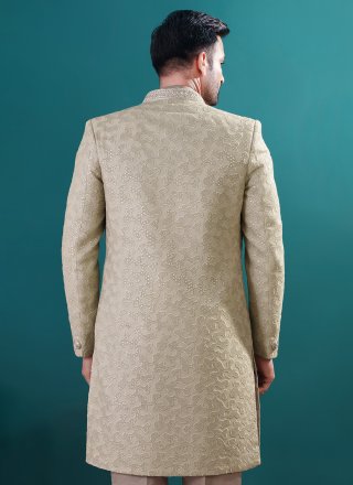 Intricate Brown and Green Imported Indo Western with Lucknowi Work Work