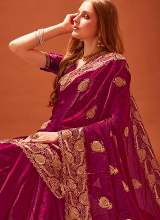 Intricate Purple Fandy Classic Sari with Embroidered, Zari and Zircon Work