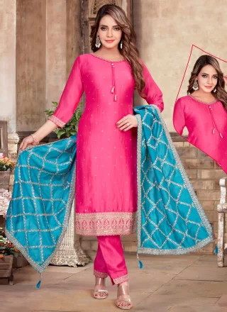 Intrinsic Pink Silk Readymade Salwar Suit with Embroidered and Zari Work