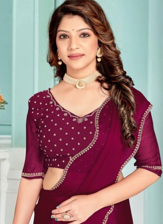Intrinsic Wine Chiffon Satin Trendy Saree with Patch Border and Zircon Work