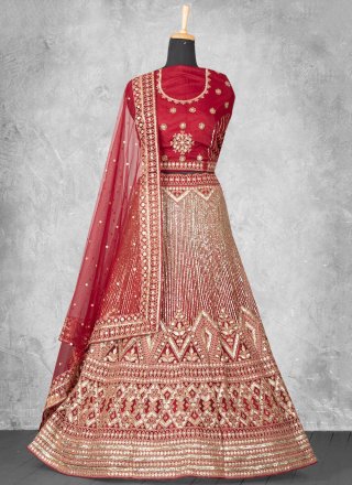 Invigorating Red Velvet A - Line Lehenga Choli with Embroidered and Sequins Work