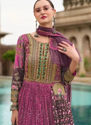 Irresistible Magenta and Rani Silk  Designer Gown with Embroidered, Foil Print, Sequins, Stone and Zari Work