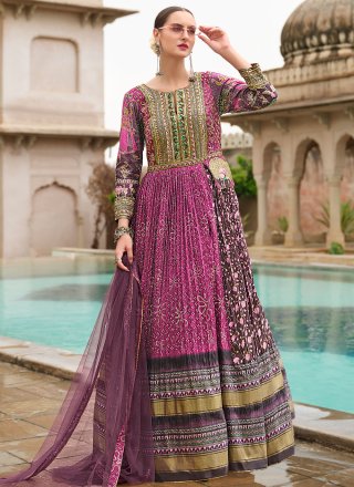 Irresistible Magenta and Rani Silk  Designer Gown with Embroidered, Foil Print, Sequins, Stone and Zari Work