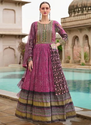 Irresistible Magenta and Rani Silk  Designer Gown with Embroidered, Foil Print, Sequins, Stone and Zari Work