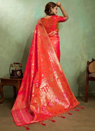 Jaal, Meenakari, Woven and Zari Work Banarasi Silk Classic Sari In Rani and Red for Casual
