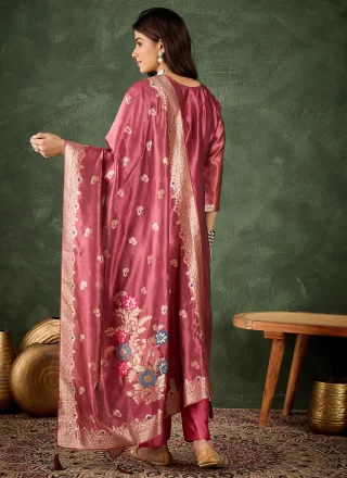 Jacquard and Lace Work Organza Readymade Salwar Suit In Pink for Ceremonial