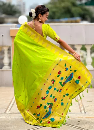 Jacquard and Meenakari Work Silk Contemporary Saree In Green Colour