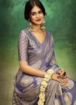 Jacquard and Print Work Silk Trendy Saree In Violet