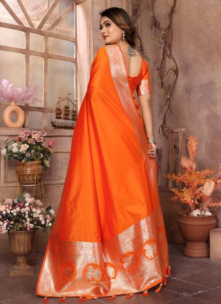 Jacquard and Weaving Work Banarasi Silk Classic Sari In Orange