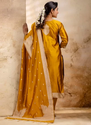 Jacquard and Weaving Work Blended Cotton Salwar Suit In Yellow Color