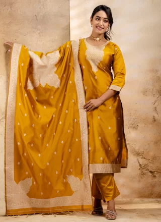 Jacquard and Weaving Work Blended Cotton Salwar Suit In Yellow Color
