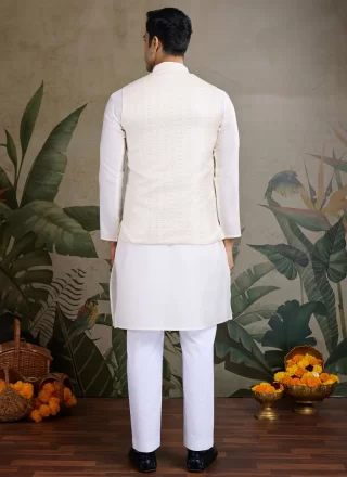 Jacquard and Weaving Work Silk Kurta Payjama with Jacket In White
