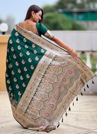 Jacquard and Woven Work Banarasi Silk Contemporary Sari In Green for Ceremonial