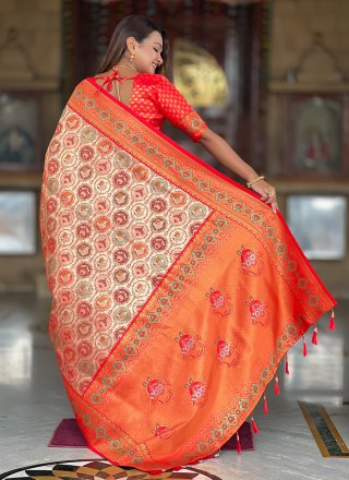 Jacquard and Woven Work Kanjivaram Silk Contemporary Sari In Red for Ceremonial