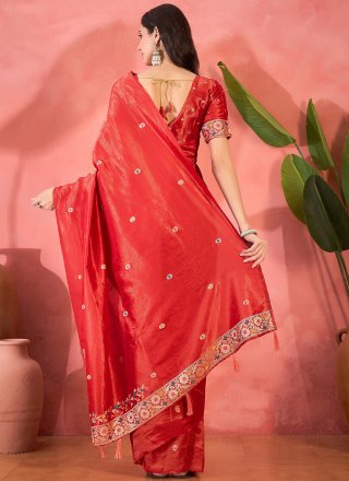 Jacquard and Woven Work Shimmer Designer Saree In Red