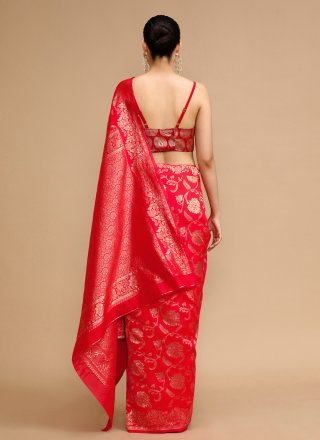 Jacquard and Woven Work Silk Classic Saree In Red for Casual