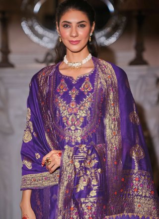 Jacquard and Zari Work Banarasi Jacquard Salwar Suit In Violet for Ceremonial