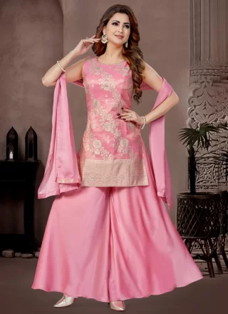 Jacquard and Zari Work Silk Readymade Style In Pink