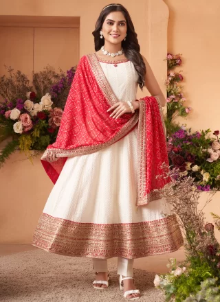 Jacquard and Zari Work Silk Salwar Suit In White for Ceremonial