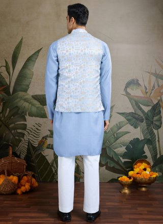 Jacquard, Mirror, Thread and Weaving Work Silk Kurta Payjama with Jacket In Blue for Ceremonial