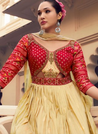 Jacquard, Print, Sequins, Thread and Zari Work Silk  Designer Gown In Cream Color