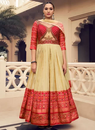 Jacquard, Print, Sequins, Thread and Zari Work Silk  Designer Gown In Cream Color