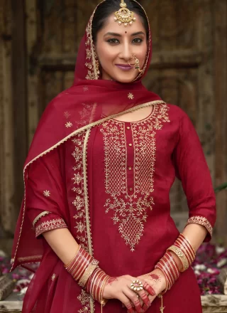 Jacquard Punjabi Salwar Suit In Maroon Colour