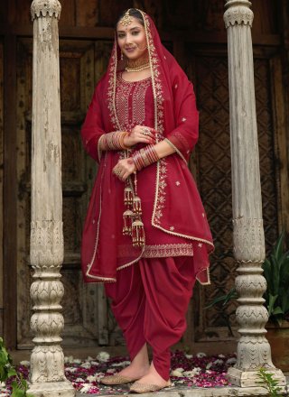 Jacquard Punjabi Salwar Suit In Maroon Colour
