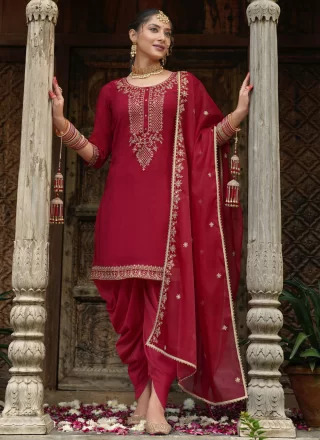 Jacquard Punjabi Salwar Suit In Maroon Colour